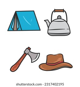 Camping vector color doodle icon cartoon set of objects and symbols