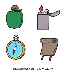 Camping-Vektorfarbdoodle-Symbol-Zeichensatz von Objekten und Symbolen