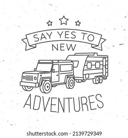 Camping. Vector. Concept for shirt or logo, print, stamp or tee. Vintage line art design with off-road car and forest.