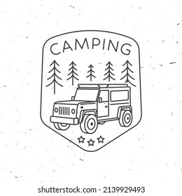 Camping. Vector. Concept for shirt or logo, print, stamp or tee. Vintage line art design with 3d off-road car and forest.