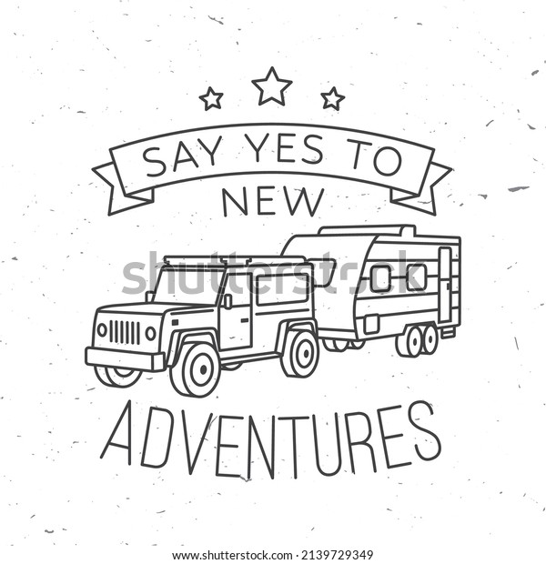 Camping.\
Vector. Concept for shirt or logo, print, stamp or tee. Vintage\
line art design with off-road car and\
forest.
