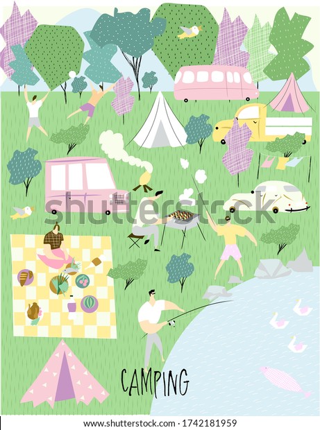 Camping . Vector\
cute illustration with a tent camp, car, trees, lake, fishing,\
barbecue, beauty, forest, birds, for booklet, cover, print,\
postcard, banner, poster,\
design.