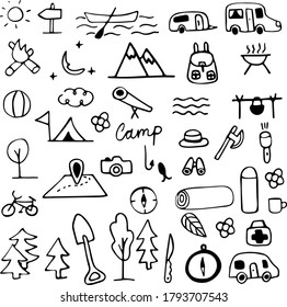 camping vector doodle icons set