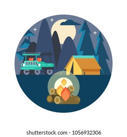Camping. Vector emblem. Summer holidays in a tent on the nature. Night in the camp.