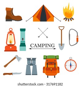 Camping vector flat icon set with compass, tent, knife, backpack, fire, campfire, flashlight axe, shovel, binocular, ax, carbine, boot. For travel, outdoor, hiking design