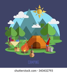 Camping vector flat illustration landscape, hiking, outdoor recreation concept with flat camping travel icons. Travel tourism rest vacation near mountains in forest, nature weather concept template.