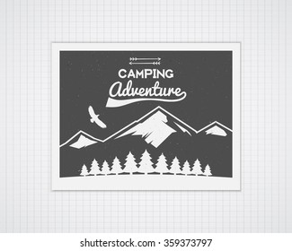 Camping vector frame template with travel poster. Retro outdoor style, monochrome design. National park banner. Forest camp elements - mountain, trees, eagle and typography. Flat design.