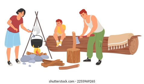 Camping vector. Happy family time together. Father making campfire, mother cooking soup, little son sitting on log illustration isolated on white background. Outdoors traveling activity