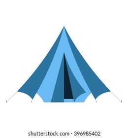Camping vector icon. Flat design tepee. Tourist hiking marquee isolated on white background. Blue color basic ridge tent pictogram.