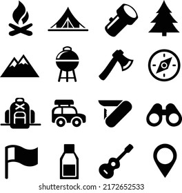 Camping vector icon illustrations set with mountain view, pine trees, tent, compass, car, backpack, binoculars, flashlight, bottle, grill, guitar, campfire, trailer knife, etc.