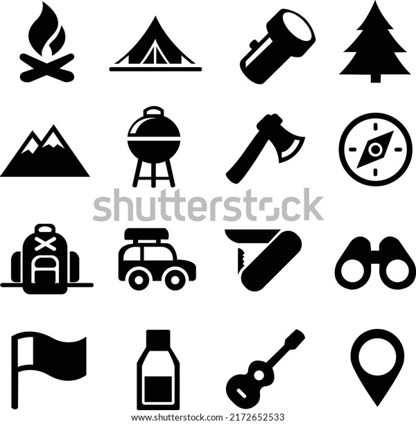 Camping vector icon\
illustrations set with mountain view, pine trees, tent, compass,\
car, backpack, binoculars, flashlight, bottle, grill, guitar,\
campfire, trailer knife,\
etc.