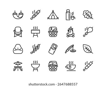 Camping Vector Icon Set | Adjustable Line Weight | Hammock, tent, picnic, barbecue, grilling, campfire, thermos, chair, fishing, sleeping bag, outdoor adventure, relaxation icons