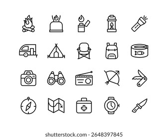 Camping Vector Icon Set | Adjustable Line Weight | Campfire, lantern, flashlight, tent, backpack, canned food, map, compass, knife, watch, outdoor gear icons