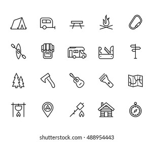 Camping vector icon set in thin line style