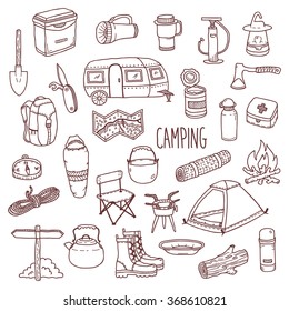 Camping vector icon and symbols set. Doodle contour style camp equipment. Hand drawn sketch style illustration isolated on white background. For use in design, packing, textile, logo. Camping icons