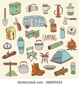 Camping vector icon and symbols set. Hand drawn sketch style colored illustration. Colorful doodle style camp equipment. Elements for use in design, packing, textile, logo. Camping icons. Camp design