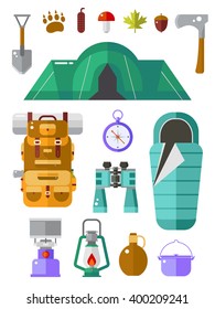 Camping vector icons collection. Basecamp kit. Hiking equipment. Camp gear collection. Binoculars, pot, backpack, sleeping bag, lantern, compass, flask, tent and forest elements. Summer travel set.