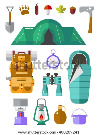 Camping vector icons collection. Basecamp kit. Hiking equipment. Camp gear collection. Binoculars, pot, backpack, sleeping bag, lantern, compass, flask, tent and forest elements. Summer travel set.