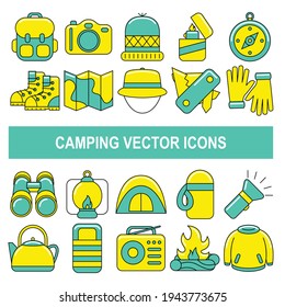 Iconos vectoriales de acampado en el estilo de diseño de contorno relleno.