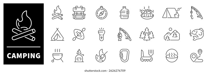 Camping vector icons. Camping icon set. Holiday, vacation, hiking, fishing, travel, camping related icons. Thin line editable stroke