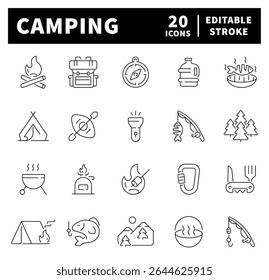 Camping vector icons. Camping icon set. Holiday, vacation, hiking, fishing, travel, camping related icons. Thin line editable stroke
