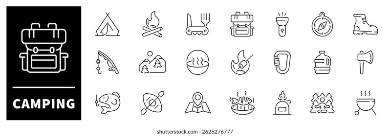 Camping vector icons. Camping line icons. Outdoor, tools, adventure, trekking, nature, landscape, forest, mountain, travel, camping related icons