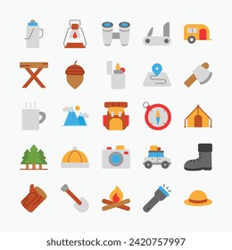 Camping vector icons set. Adventure, outdoor, picnic, travel symbol collection. Vector illustration.