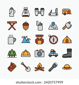 Camping vector icons set. Adventure, outdoor, picnic, travel symbol collection. Vector illustration.