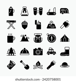 Camping vector icons set. Adventure, outdoor, picnic, travel symbol collection. Vector illustration.