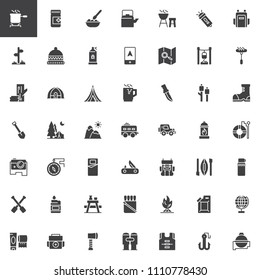 Camping vector icons set, modern solid symbol collection, filled style pictogram pack. Signs, logo illustration. Set includes icons as Pot on fire, Kettle, Grill, Spray, Gps, Map, Logs, Tent Trailer