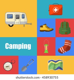 Camping vector icons set. Outdoor elements.