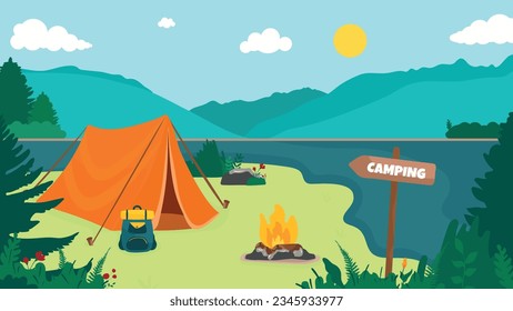 Camping Vector illustration of a beautiful landscape lake mountains forest tent and campfire