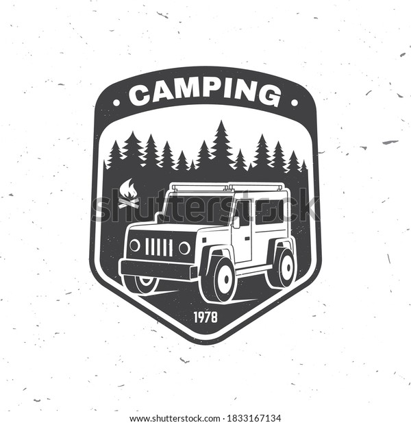 Camping. Vector illustration. Concept for\
shirt or logo, print, stamp or tee. Vintage typography design with\
3d off-road car and forest\
silhouette.