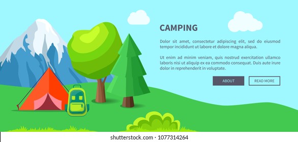 Camping vector illustration in flat design depicting outdoor relaxation and camping in the forest somewhere in mountains with place for text.