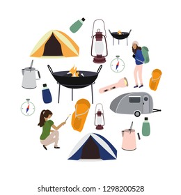 Camping. Vector illustration in a flat style. People, equipments, hiking. 