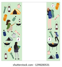 Camping. Vector illustration in a flat style. People, equipments, hiking. 