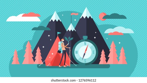 Camping vector illustration. Flat tiny outdoor person with backpack concept. Mountain travel in summer with adventure hiking equipment. Nature landscape with scout lifestyle symbols, compass and tent.