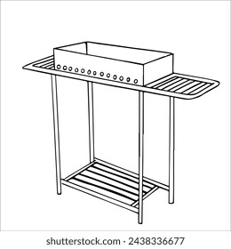 Camping vector illustration, hand drawn doodle. Campfire, outdoor recreation, metal grill, frying meat.