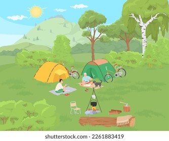 Camping vector illustration. Happy old father and young son rest outdoors in forest illustration. Mature man with senior dad talking during breakfast at tent campsite. Holiday trip in forest
