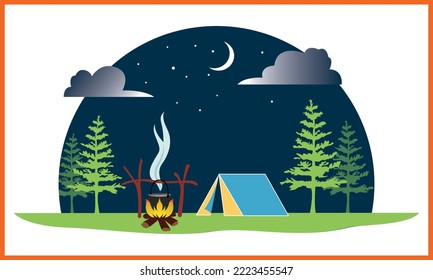 Camping Vector and Illustration Line Art Design.