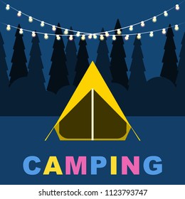 Camping Vector illustration Night camping in forest with tent, garlands and copy space Design template for tourism posters and banners