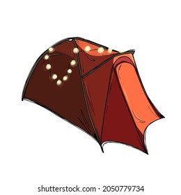 Camping Vector illustration camping with orange tent, garlands and copy space Design template for tourism posters and banners