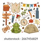 Camping vector illustration set. Equipment for hiking, tent, paper map, flashlight, backpack, compass. Signpost for camp and trails. Tree stump, acorns, mushrooms. Wild adventure, outdoor recreation
