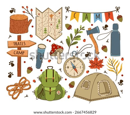Camping vector illustration set. Equipment for hiking, tent, paper map, flashlight, backpack, compass. Signpost for camp and trails. Tree stump, acorns, mushrooms. Wild adventure, outdoor recreation