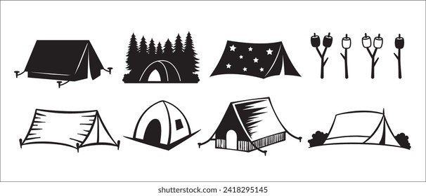 Camping vector illustration set. Camping tent and mountains icons. Camper, marshmallow, pine tree vector stock illustration. Great for outdoor branding.