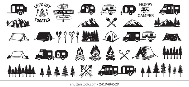 Camping vector illustration set. Camping tent and mountains icons. Camper trailer, marshmallow, campfire, pine tree vector stock illustration. Great for outdoor branding.