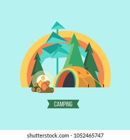Camping. Vector illustration. Summer holidays in a tent on the nature.