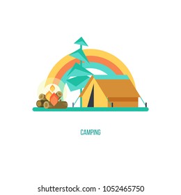 Camping. Vector illustration. Summer holidays in a tent on the nature.