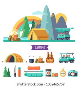 Camping. Vector illustration. Summer holidays in a tent on the nature. A large set of equipment for camping.