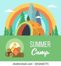 Camping. Vector illustration. Summer holidays in a tent on the nature.